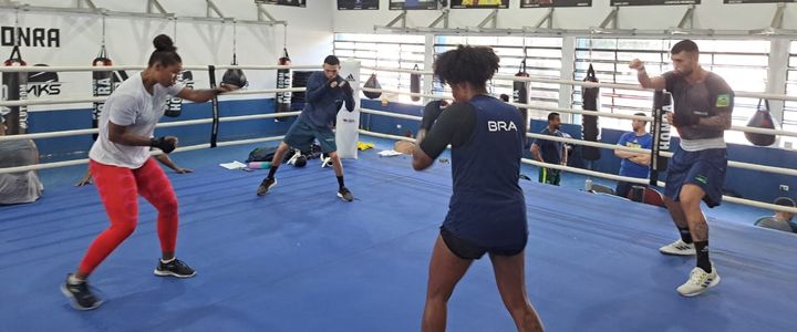 Os quatro pugilistas fazem aquecimento dentre de um ringue azul